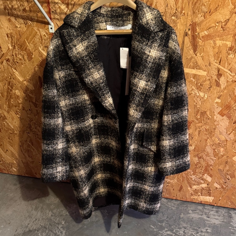 IRO Black and Cream Plaid Pea Coat